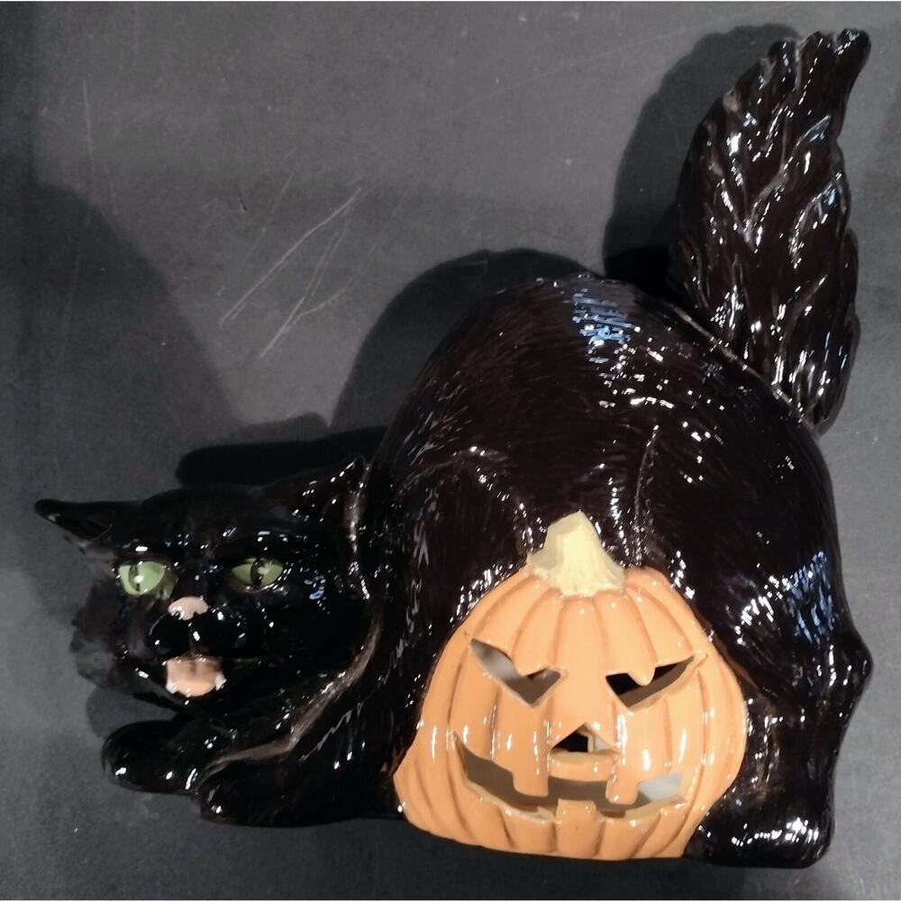 1986 Ceramic hand painted Halloween Arched Back Black Cat Jack O Lantern Pumpkin